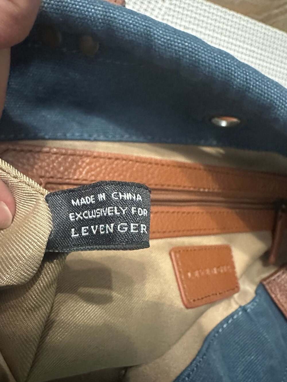 Levenger Blue Waxed Canvas and Brown Pebbled Leather Small Tote Crossbody Bag